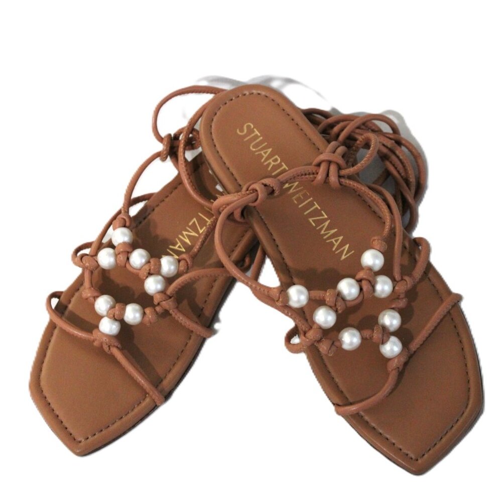 Stuart Weitzman Pearl Embellished Lace Up Leather Sandal